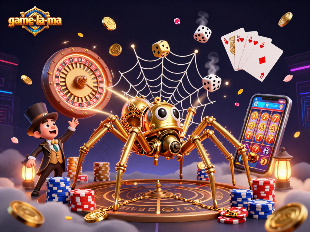 Experience the thrilling world of game-la-ma with a captivating casino-themed illustration featuring steampunk elements and gaming dynamics.
