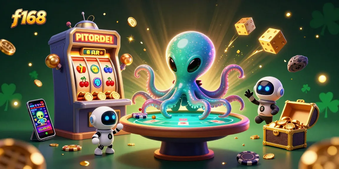 Experience the thrill of f168 as a cartoon octopus operates a glowing poker table in a vibrant casino scene.