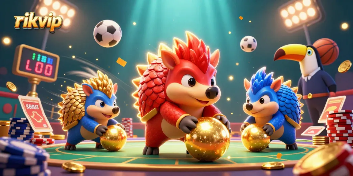 Experience thrilling gameplay at rikvip with cartoon pangolins rolling poker chips under vibrant lights.