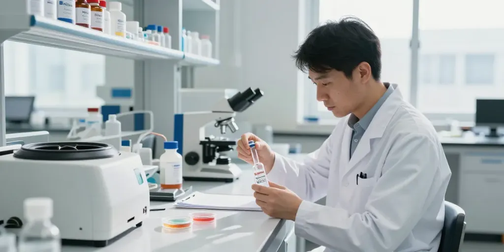 Research scientist measuring high-purity Swiss Chem peptides in a bright lab.