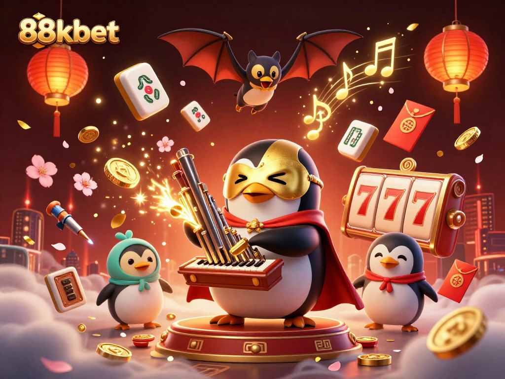 Experience thrilling gaming at 88kbet with golden coins cascading from a whimsical casino scene.