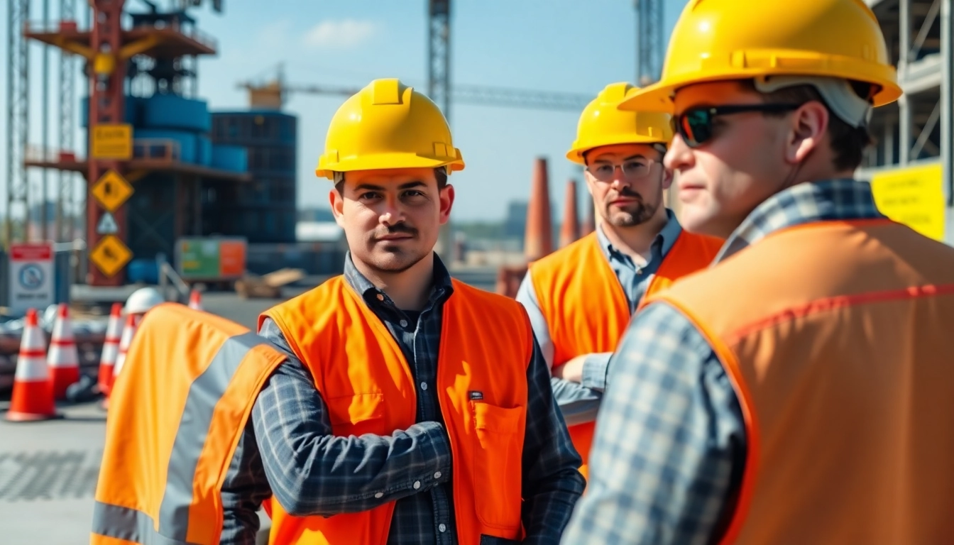 Showcase of construction safety compliance resources featuring workers in safety gear at a construction site.