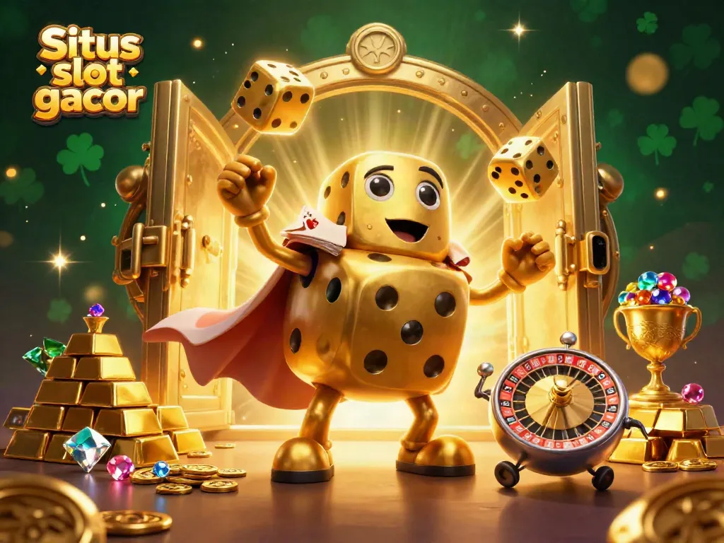Engage with the Situs slot gacor scene featuring golden dice juggling, treasure vaults, and jewels.