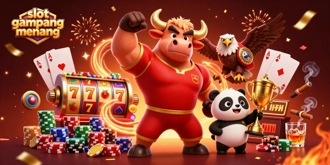 Celebrate winning big with slot gampang menang featuring a muscular bull and cheerful panda, surrounded by casino elements.