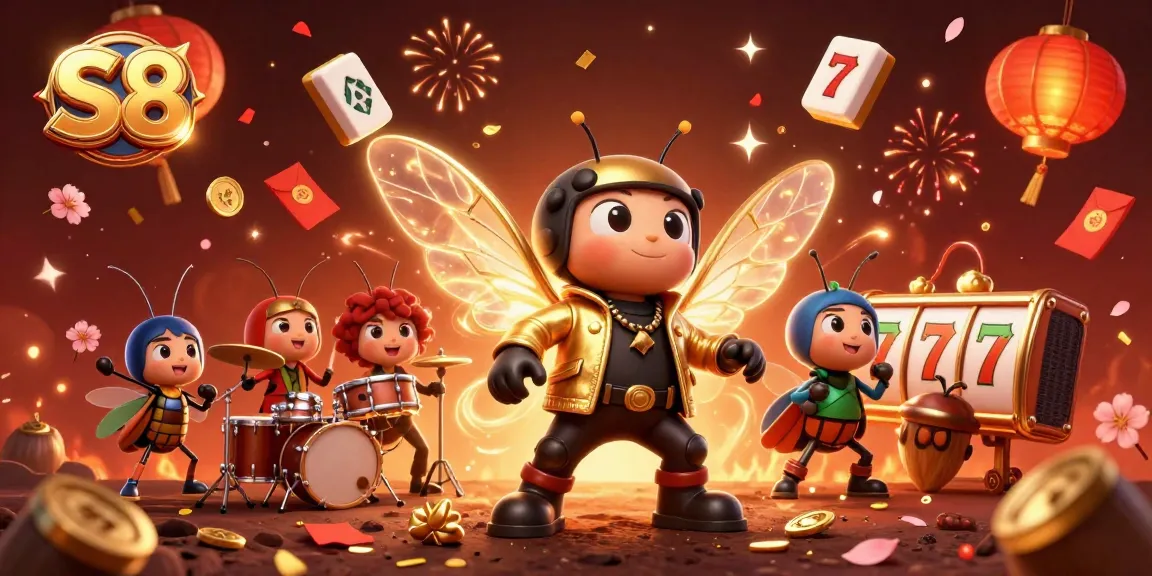 S8 casino game scene with a rock star cicada and festive elements for exciting gameplay