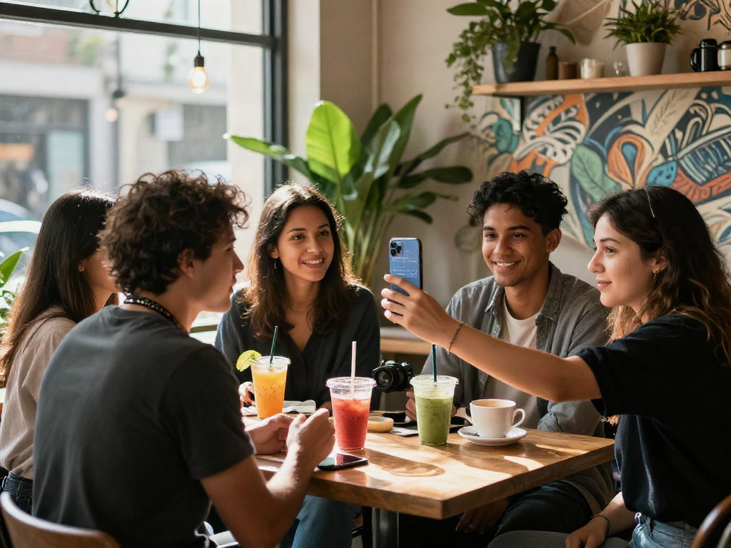 Group enjoying a trendy cafe setting while engaging in attractiveness test activities.