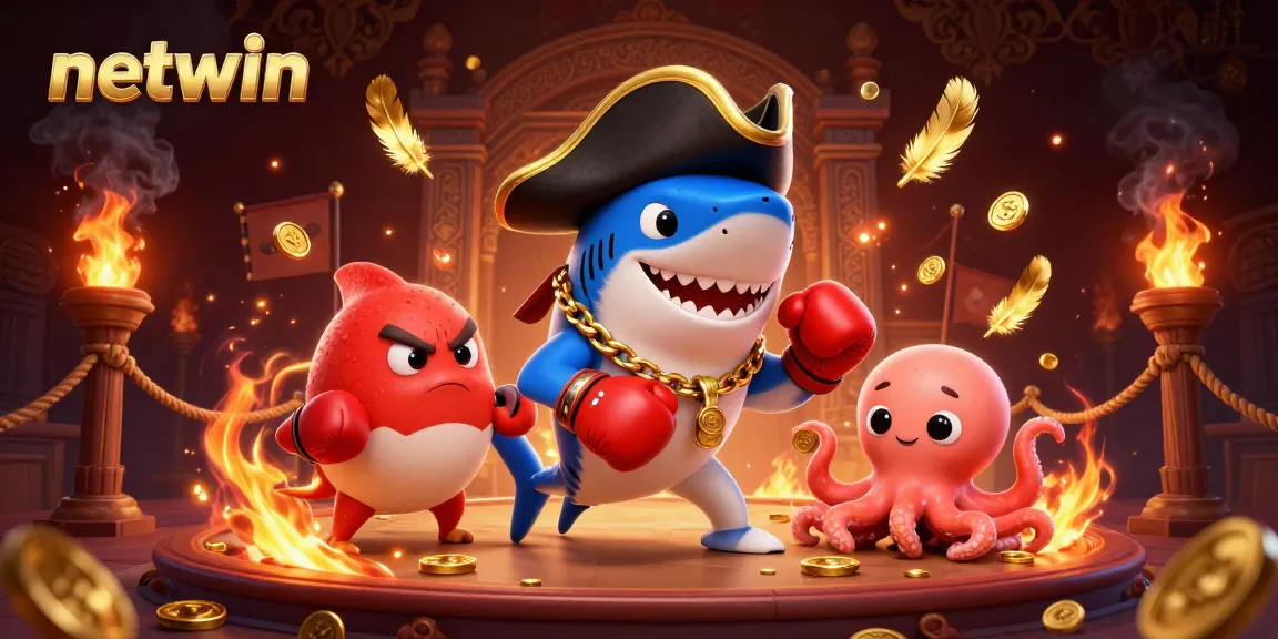 Experience thrilling netwin moments with a pirate shark, pufferfish, and octopus amidst betting tokens.