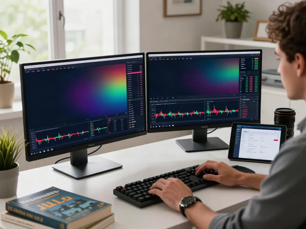 Trader analyzing market trends on TradingView in a modern home office.