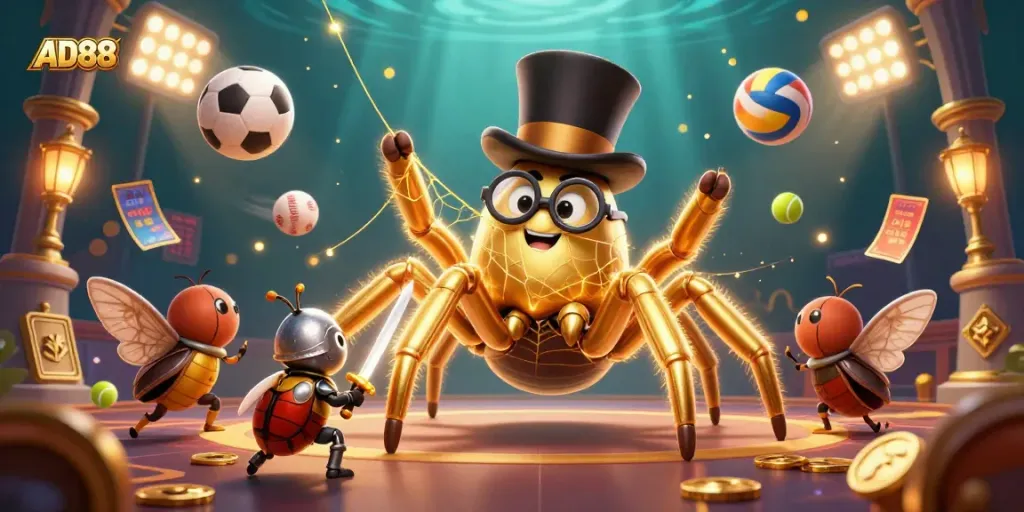 AD88's exciting gaming scene features a golden tarantula and beetle knight amid dynamic sports elements.