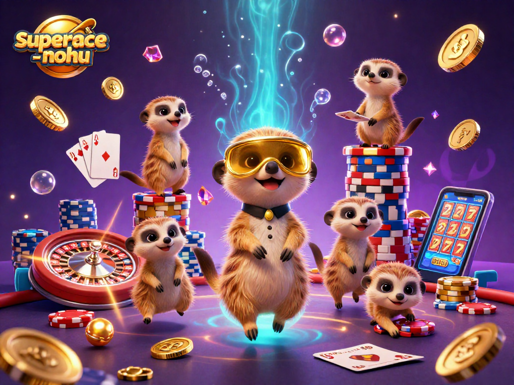 Experience the vibrant energy of superace-nohu with meerkats running a lively casino, surrounded by dazzling sparkles and golden coins.