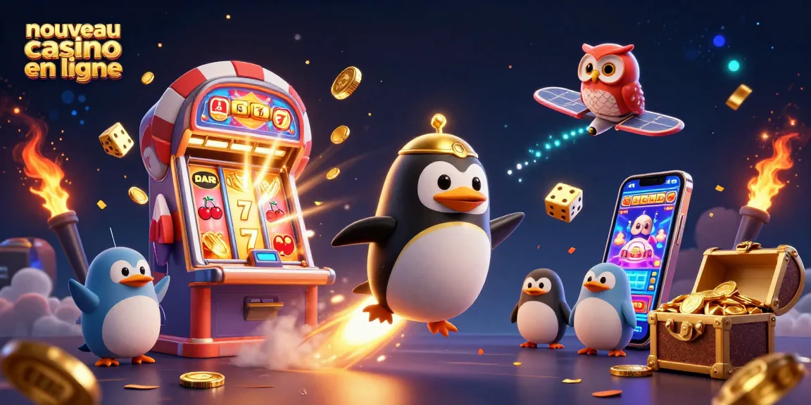 Profitez de l'expérience des jeux dans un nouveau casino en ligne illustré avec un pingouin doré.