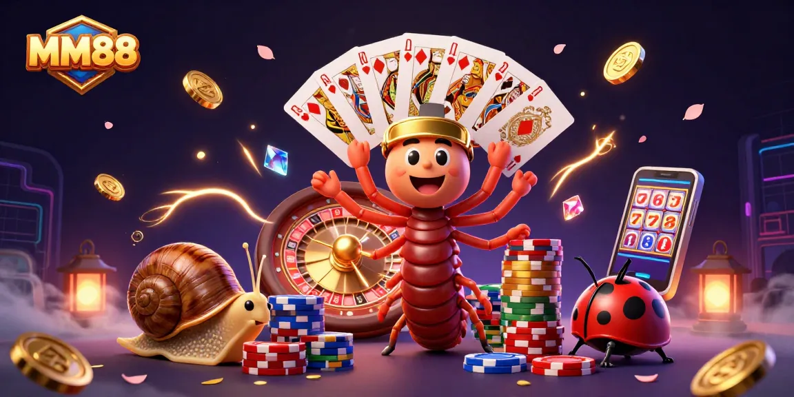 Join the excitement of MM88 with a lively 3D illustration featuring games, cards, and big wins!