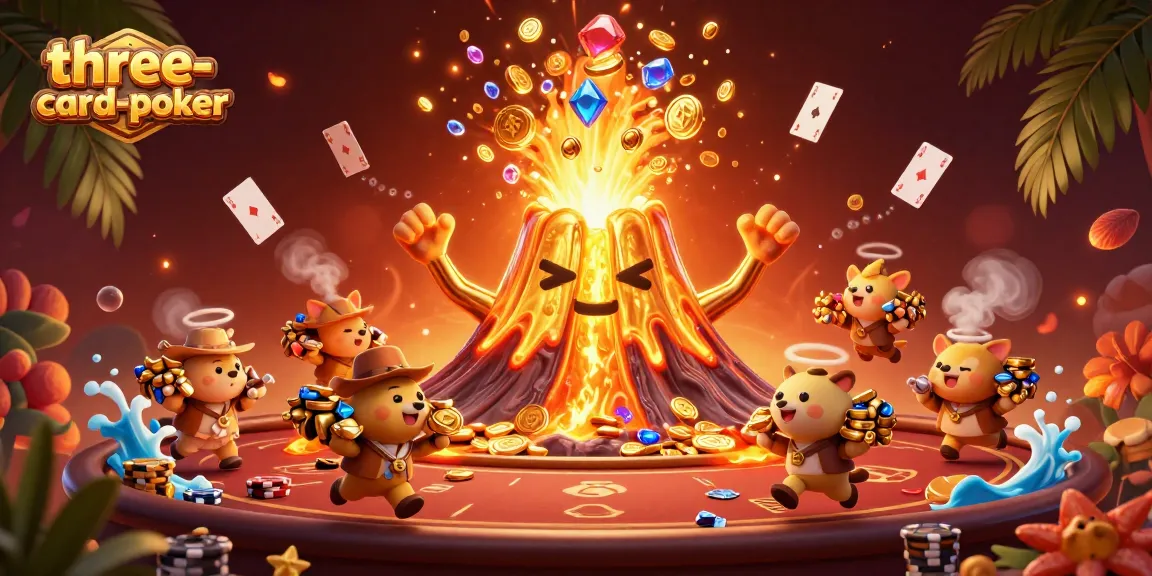 Engage in three-card-poker with a vibrant 3D casino illustration featuring dynamic poker elements.