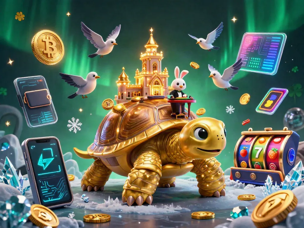 Slot menangkan jackpot dalam ilustrasi kasino tiga dimensi yang penuh warna.