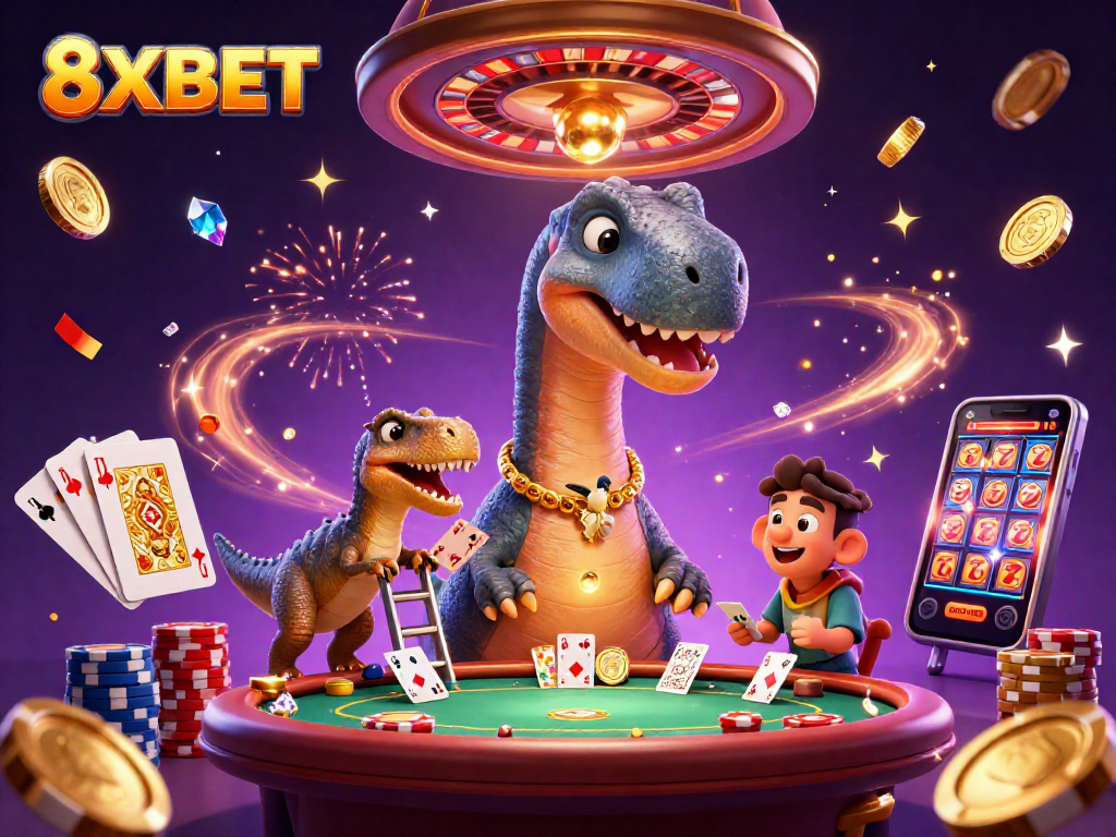 8XBET offers thrilling casino scenes with a giant brontosaurus and dynamic card dealing for bettors.