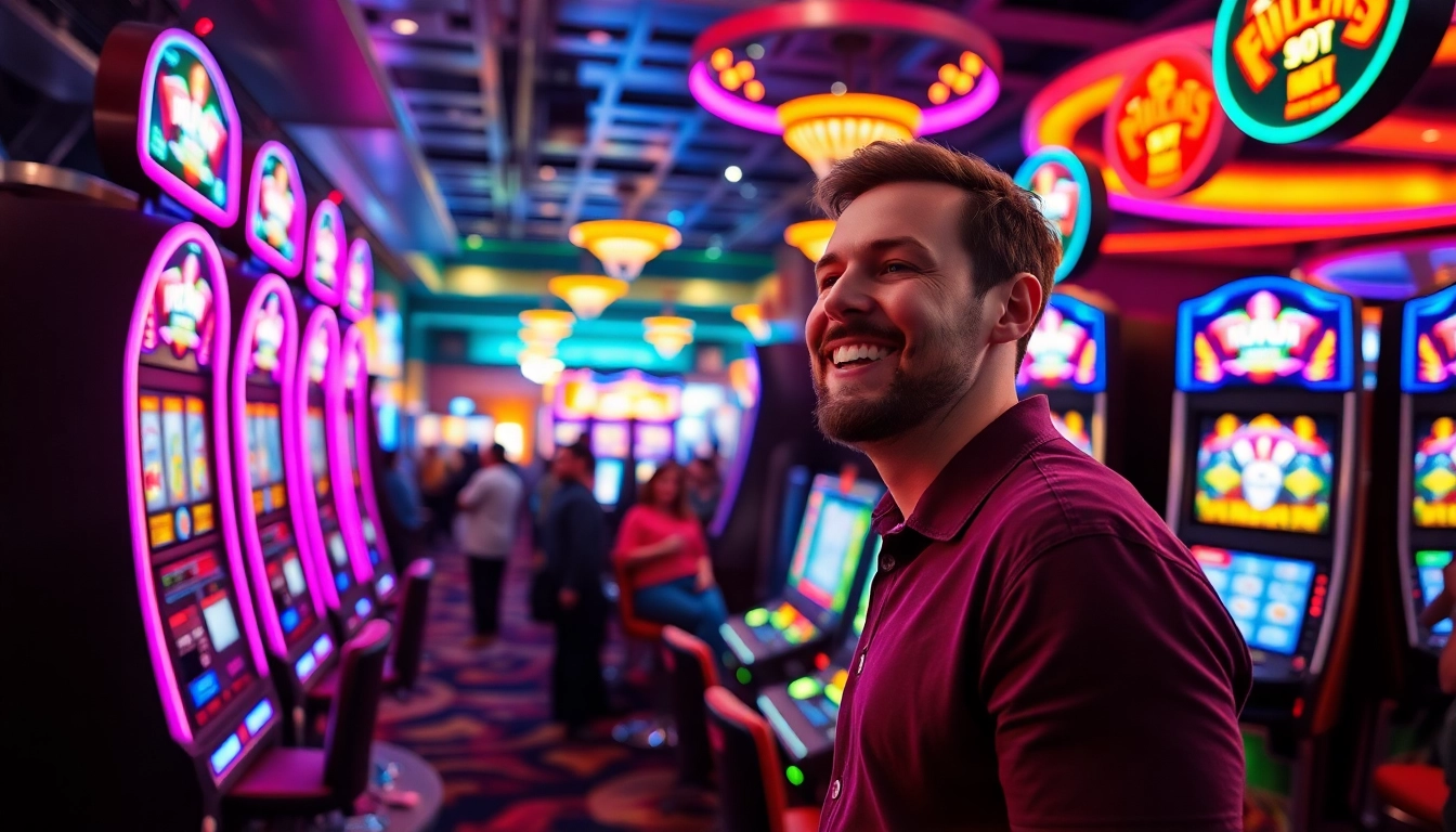 Experience excitement in slot gambling with vibrant machines and a joyful player celebrating a win.
