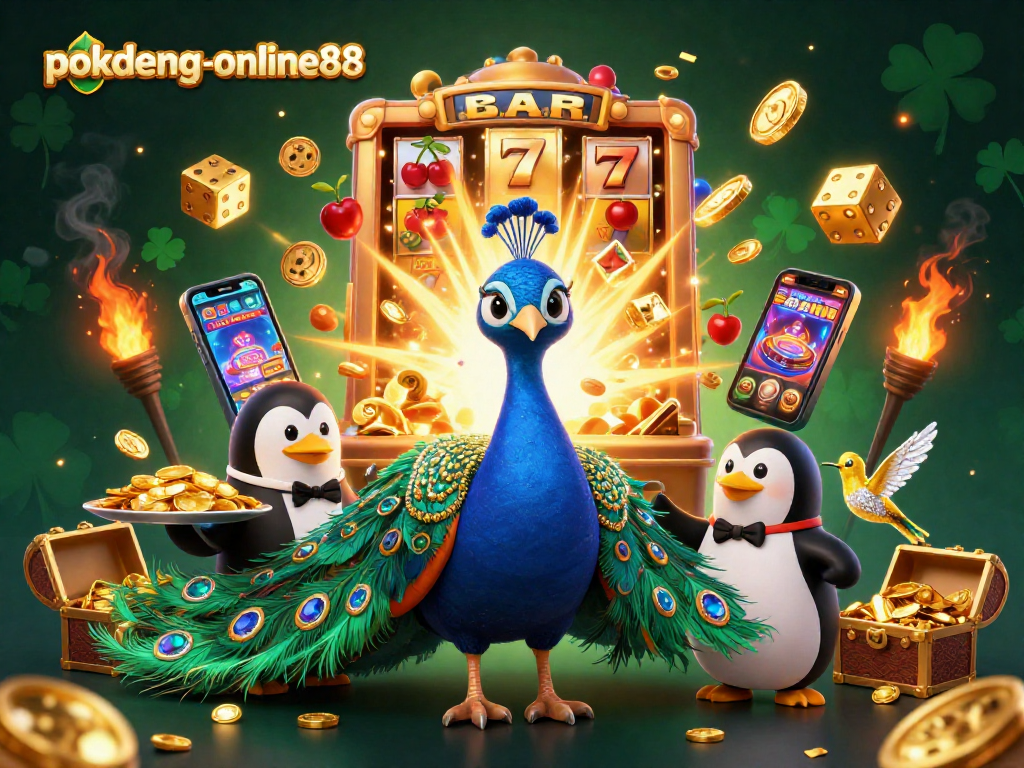 Engage in thrilling gameplay at pokdeng-online88 with dynamic 3D casino characters amid an exciting scene.