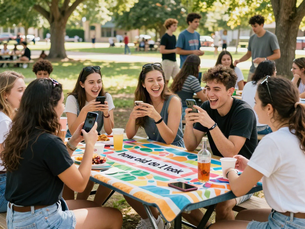 Group of friends having fun guessing ages in a park, exploring how old do I look.