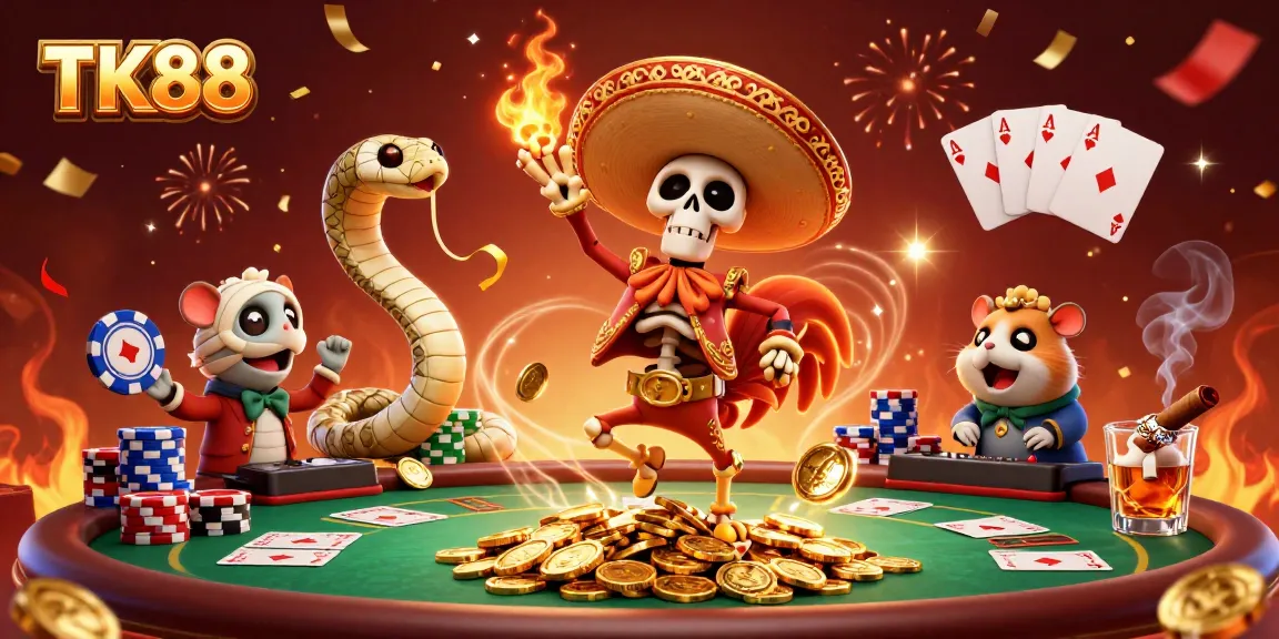TK88 illustrates an exciting celebration of online gaming with vibrant casino characters amidst poker action.
