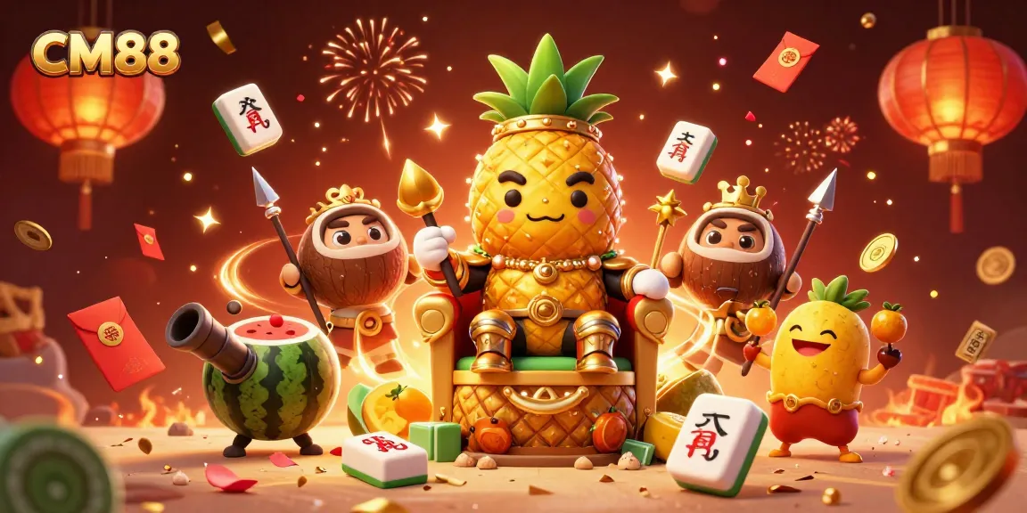CM88 casino illustration featuring the pineapple king and vibrant game elements.