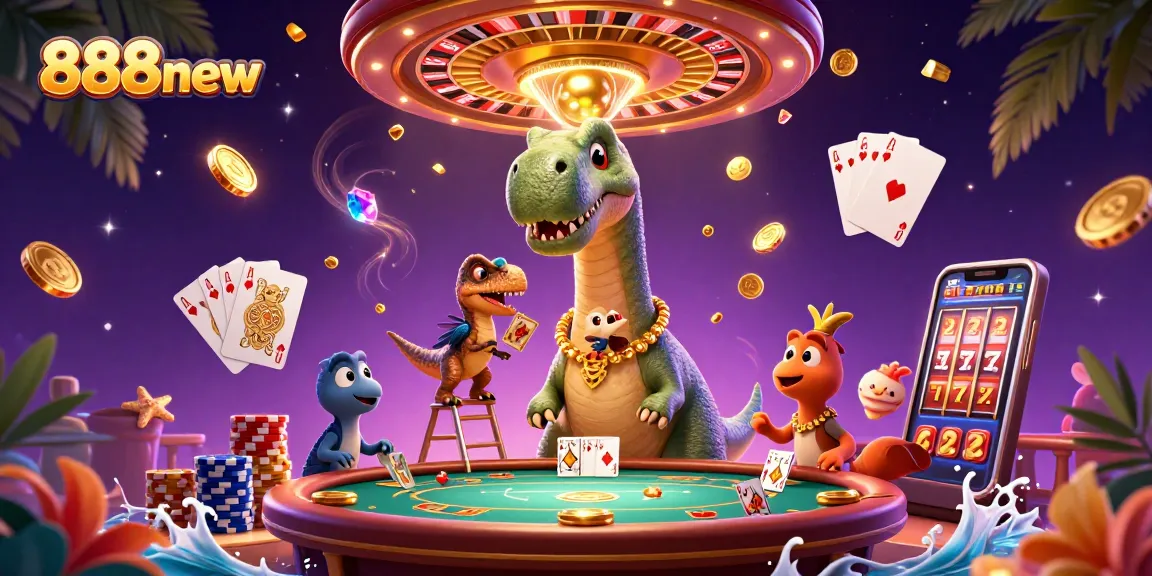 Experience golden winnings at 888new with a vibrant 3D casino scene showcasing thrilling games and playful characters.