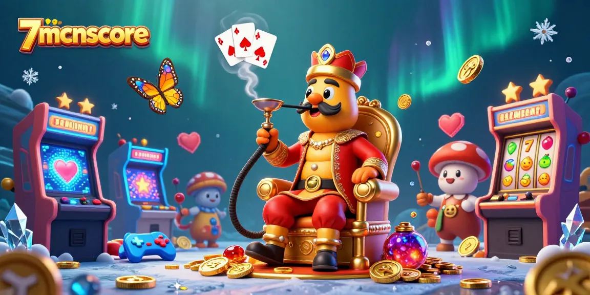 Experience vibrant gaming action with 7mcnscore through a whimsical, rich 3D casino illustration featuring slots!
