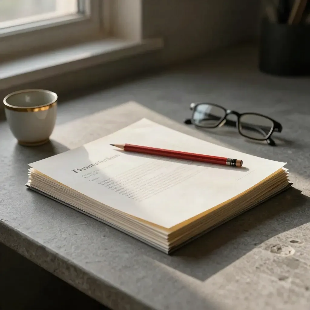 Marked-up proposal packet, red pencil, glasses and cup on a pale stone surface in late light.