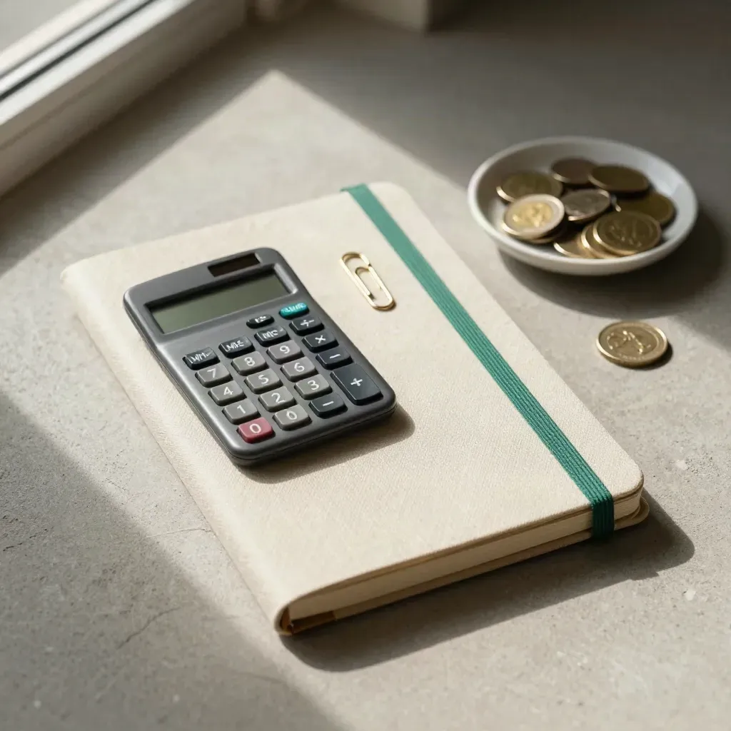 Shut budget notebook, calculator, brass clips, and coins on pale concrete in soft window light.