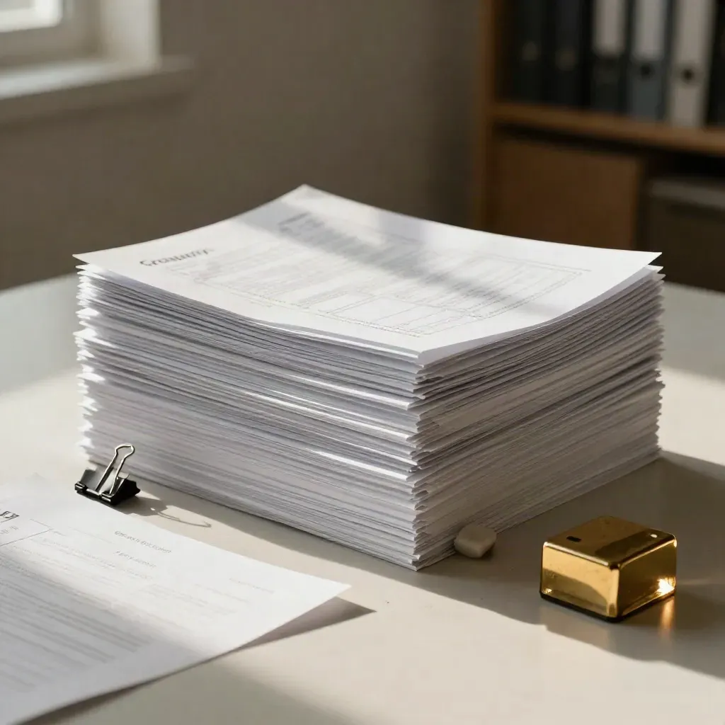 Grant application forms stacked with binder clips, eraser, and gold paperweight on pale plaster.