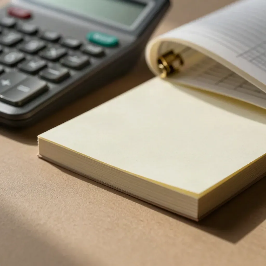 Calculator, note cards, ledger sheet and brass clip on a sand-toned surface