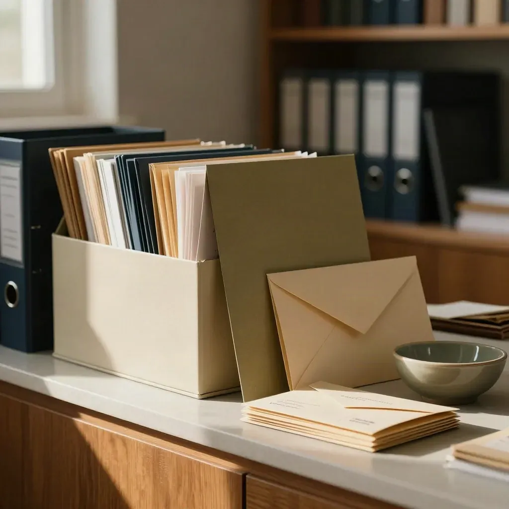 Archival grant prospect folders and sealed envelopes in warm morning light