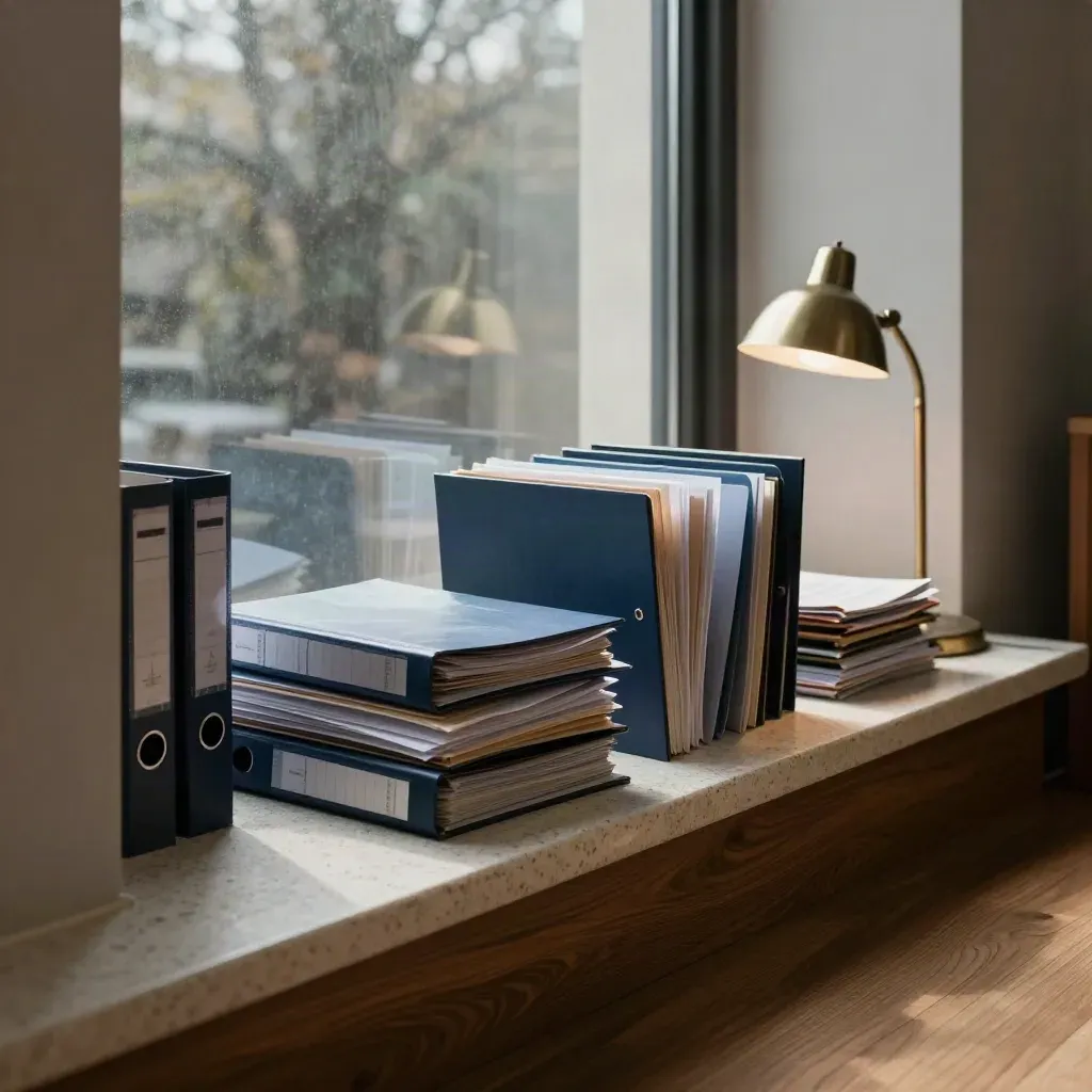 Low office window with grant folders, a muted lamp, and morning light on stone.