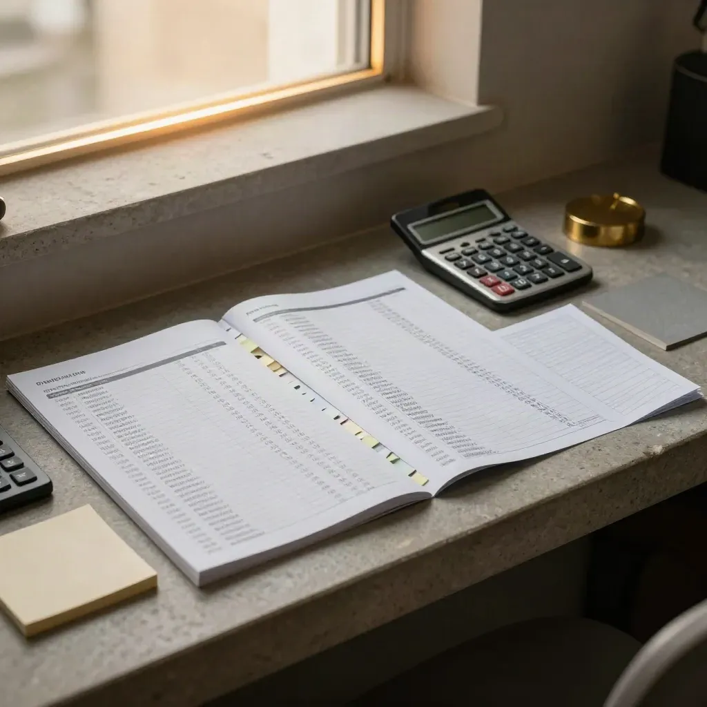 Budget packet, calculators, and note cards on stone in a quiet office scene