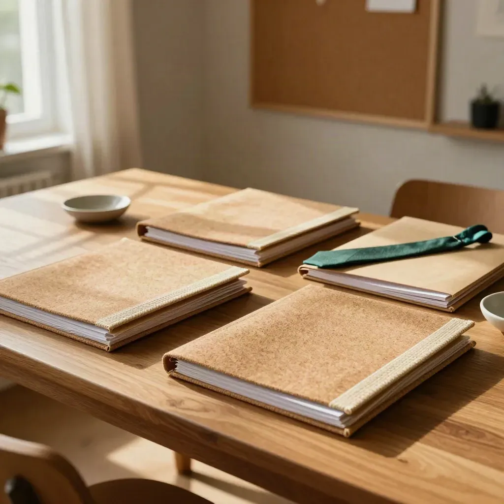Three cork-textured grant folders on an oak table beside a ceramic dish in a sunlit room.