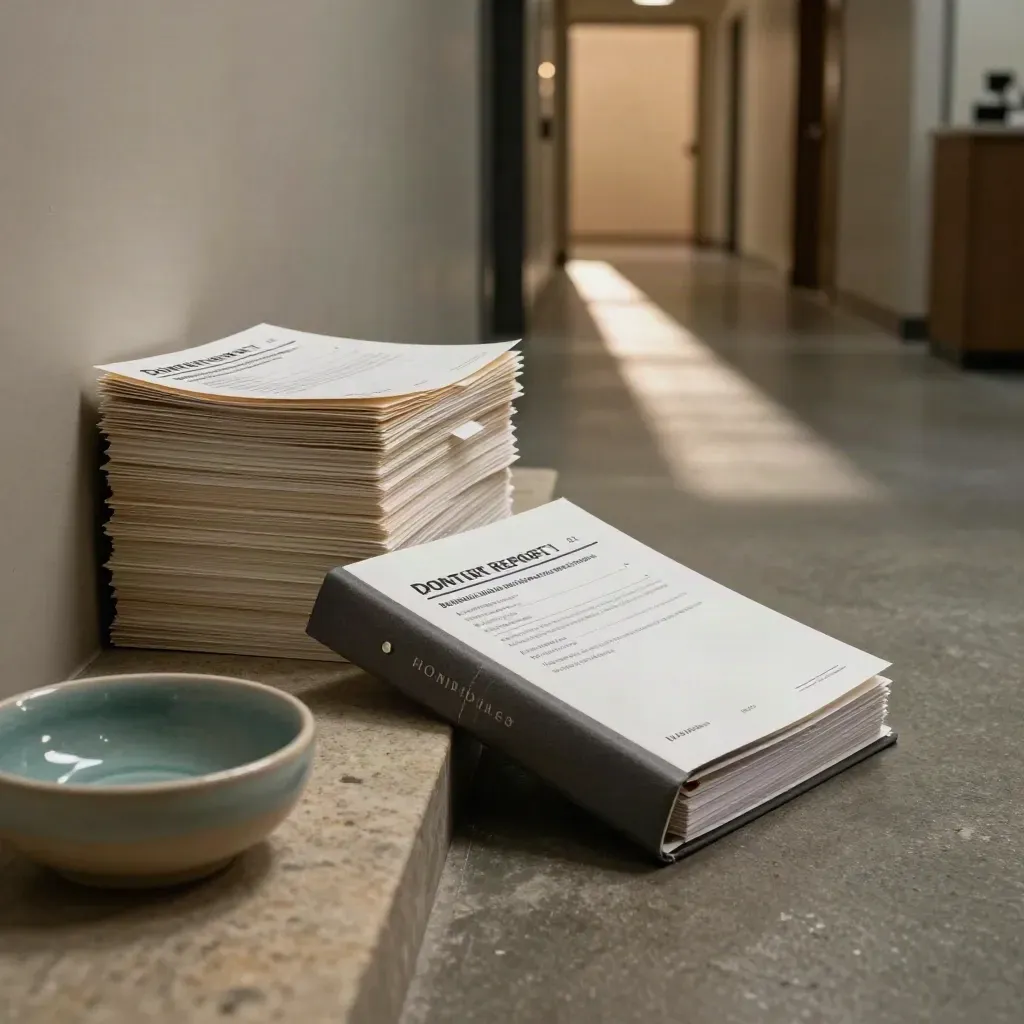Dim office corridor with donor report packets, binder and ceramic bowl in dramatic evening light.