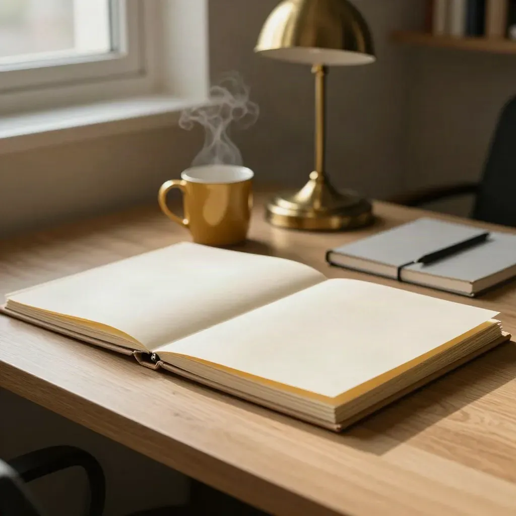 Sunlit grant consulting desk with folder stacks, closed notebook, and a warm mug