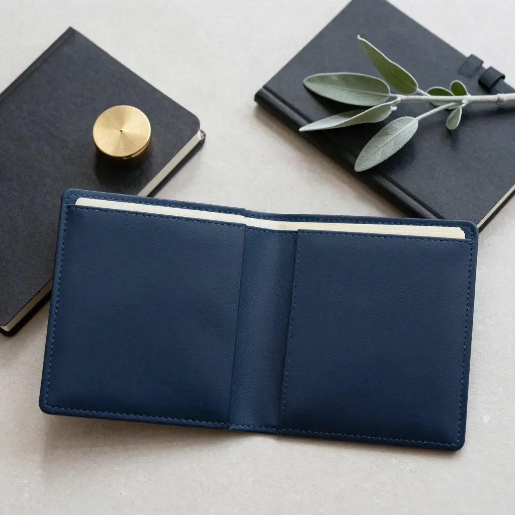 Overhead flatlay of a navy grant folder with brass seal, notebook, and trailing plant on stone.