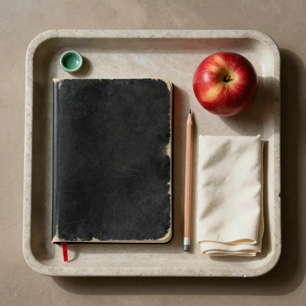 Apple, notebook, pencils and cloth on a stone tray for school funding planning