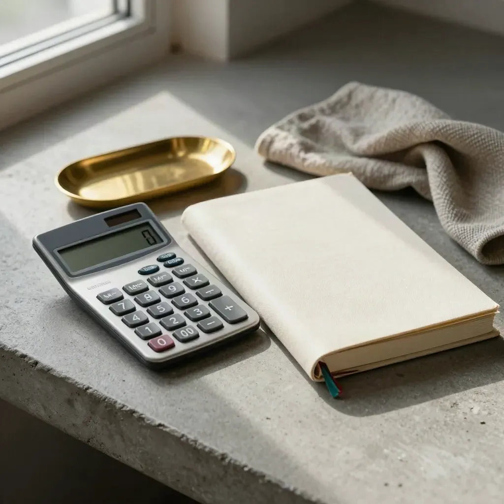 Calculator, ledger book, brass tray and folded cloth on concrete in soft window light.