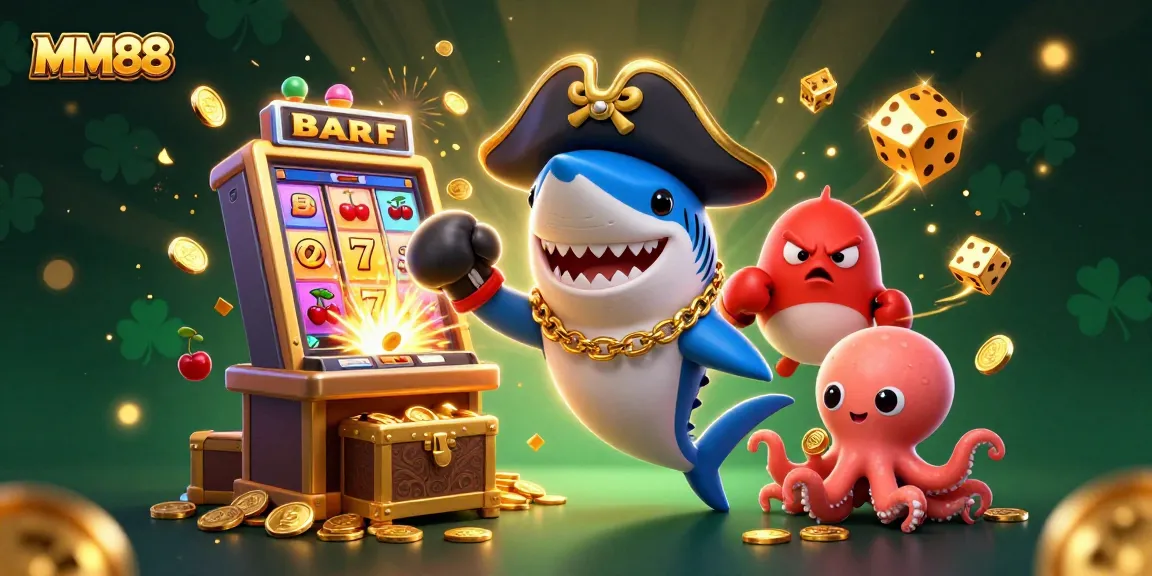 Engage with MM88’s colorful casino scene featuring a pirate shark and gold coins!