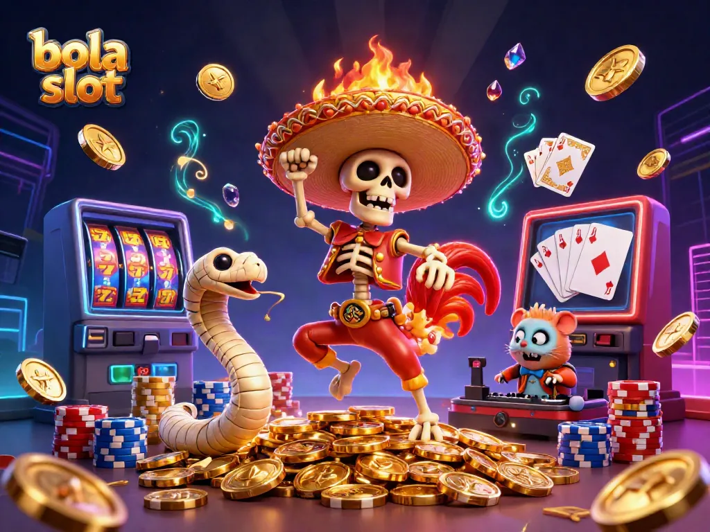 Experience the excitement of bola slot with dynamic 3D characters amidst golden coins and casino elements.