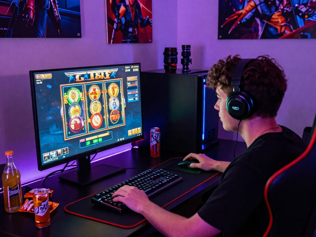 Gamer terlibat dalam permainan slot88 dengan suasana menarik dan alat gaming modern.