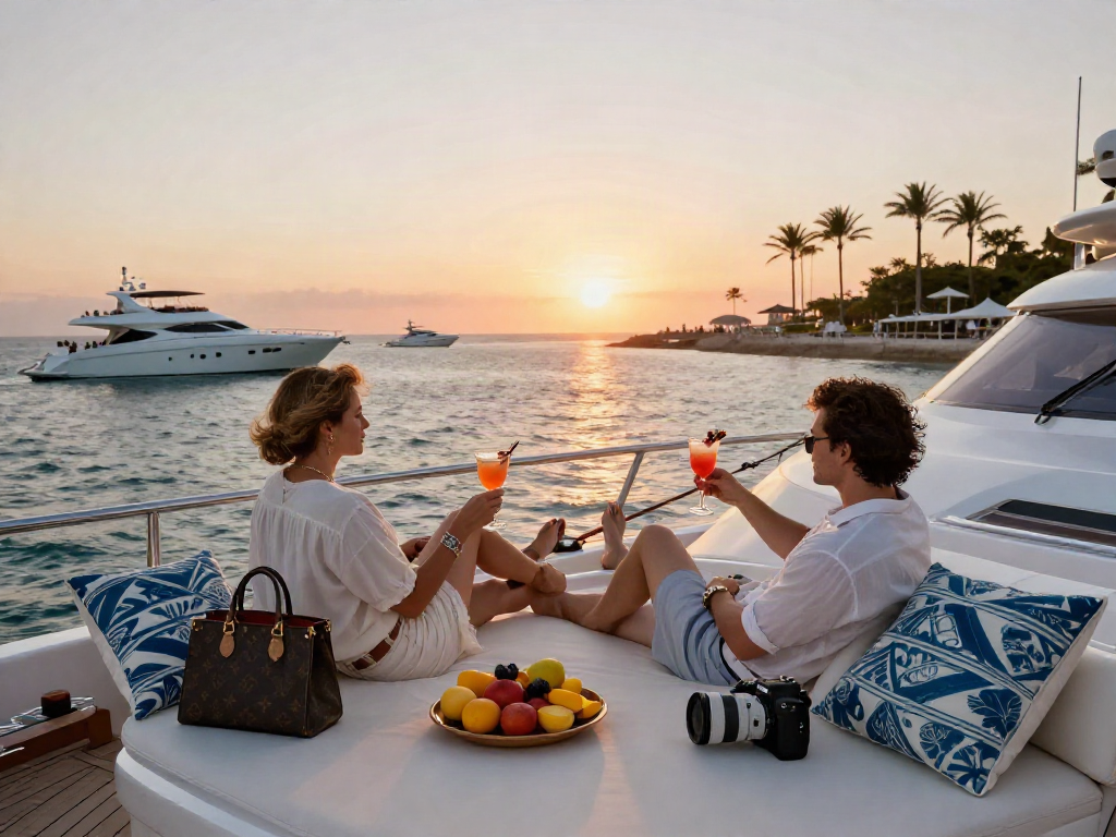 Gaya hidup luxurious111 dengan pasangan di yacht mewah, menikmati pemandangan matahari terbenam.