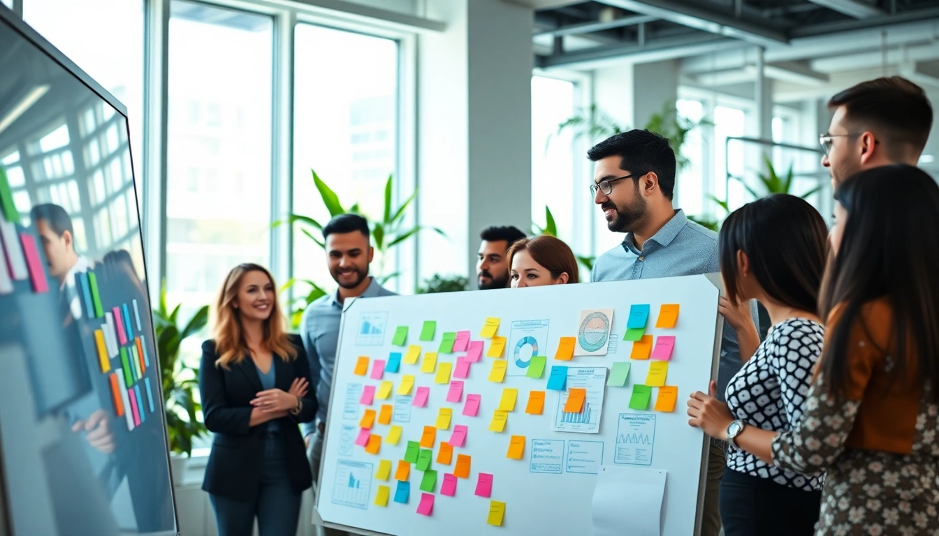 Engaged team at a social media agency brainstorming strategies in a vibrant office.