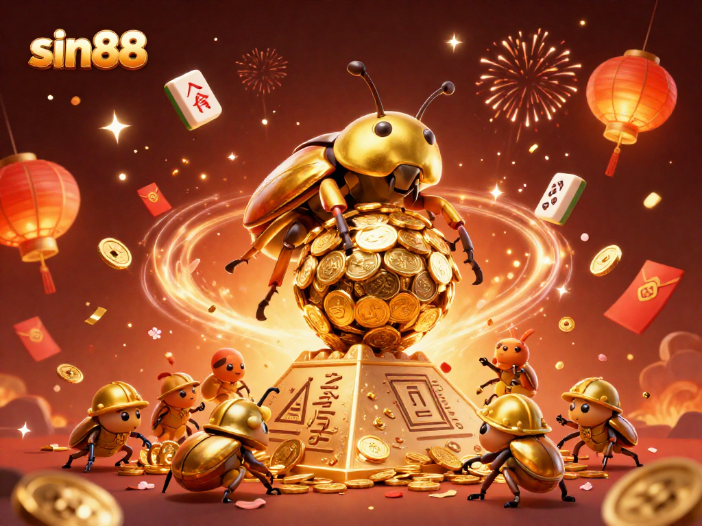Experience thrilling gameplay at sin88, featuring golden beetles and casino symbols in a vibrant celebration.