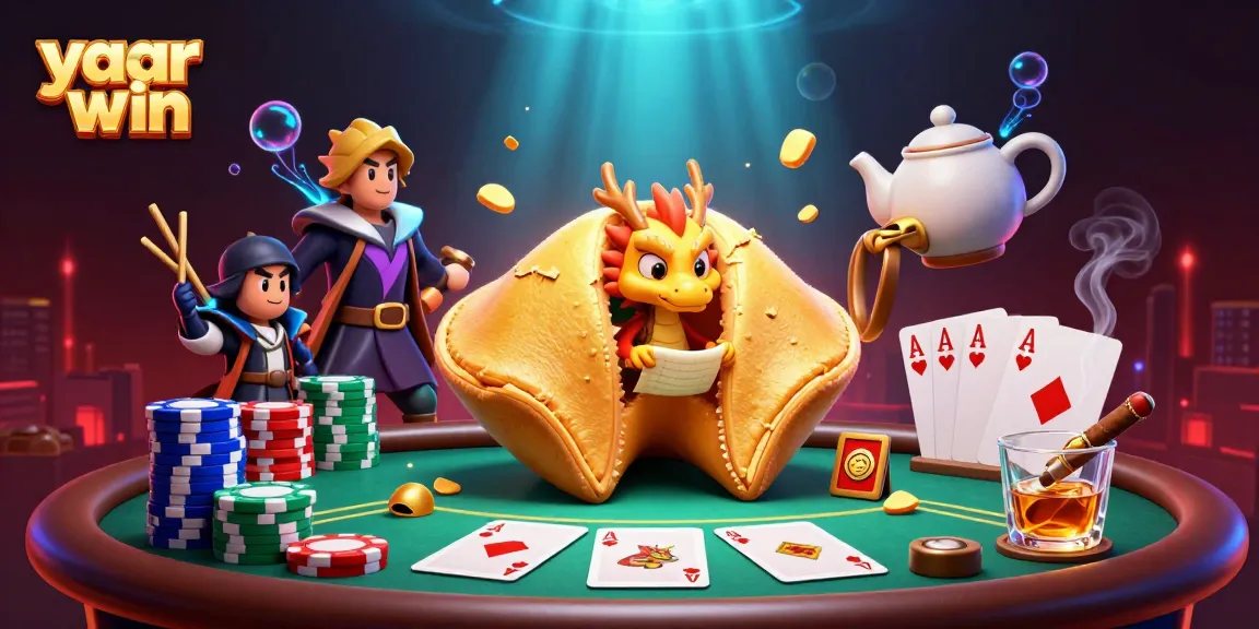 Spin and win with yaar win at a vibrant, action-packed poker scene featuring a golden cookie and a wise dragon.