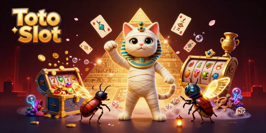 Gambarlah pengalaman bermain Toto Slot dengan kucing mumi dan simbol slot yang menarik.