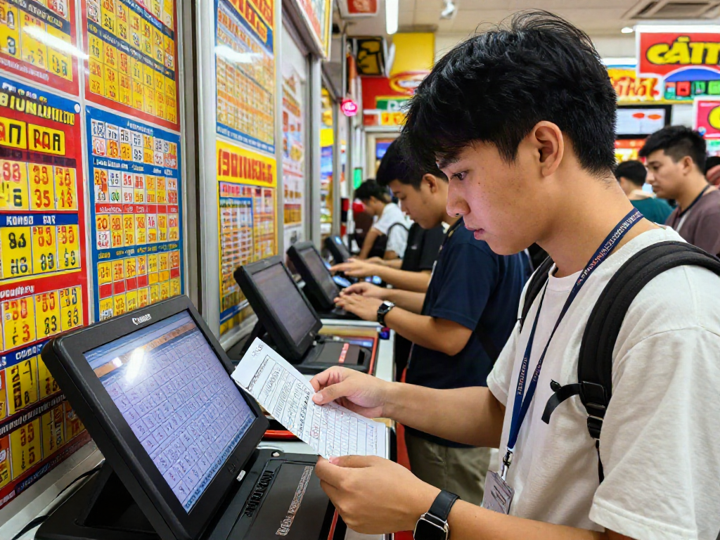 Individual excitedly engaging in toto togel betting activity at a lively lottery shop.