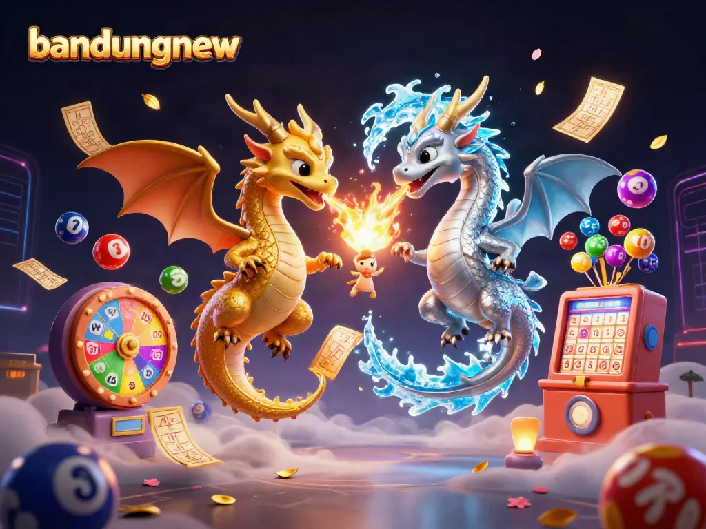 Bandungnew highlights a thrilling gambling adventure with twin dragons, colorful lottery elements, and vibrant effects.
