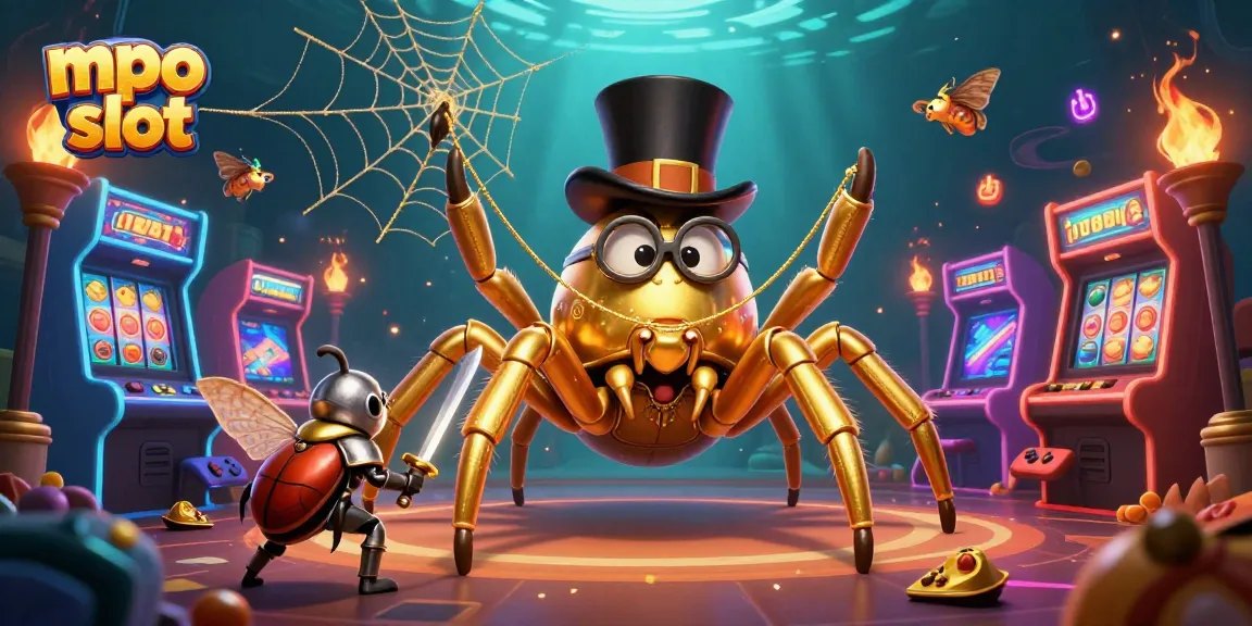 Engage with mpo slot adventure as a golden tarantula weaves a web between casino pillars in this vibrant illustration.